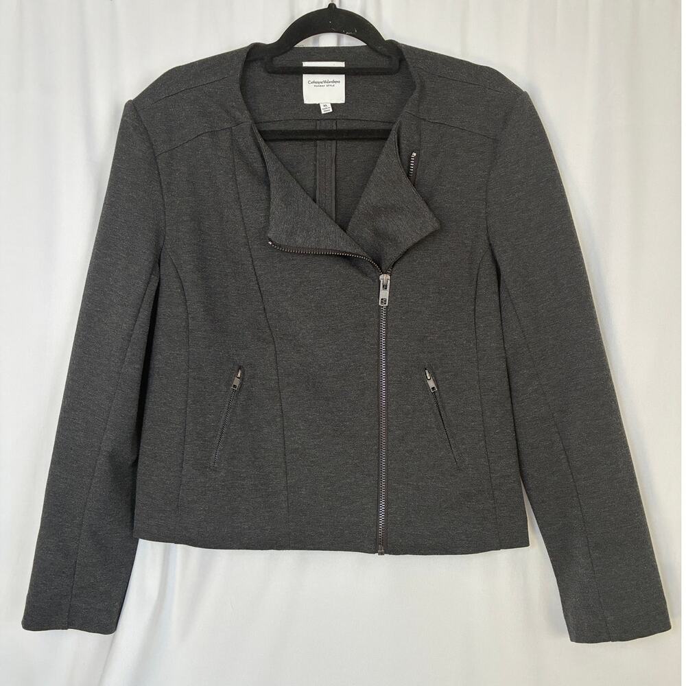 Catherine Malandrino Moto Jacket Womens XL Gray Assymetric Zip Stretchy Knit